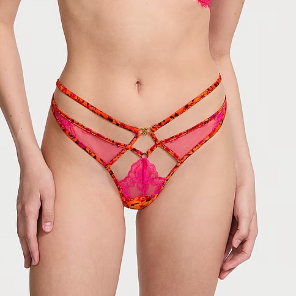 Victoria's Secret Tropical Satin Lace High-Leg Strappy Thong Panty Orange S NEW